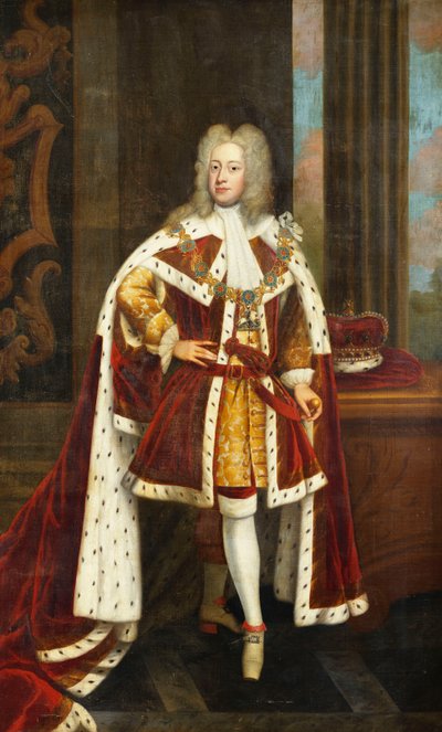 Retrato del Rey Jorge II Cuando Príncipe de Gales, de Cuerpo Entero, Vestido con Túnicas Estatales y el Collar de la Orden de la Jarretera, Sosteniendo su Espada en la Mano Izquierda y su Corona en una Mesa a su Lado, en un Interior de Godfrey Kneller