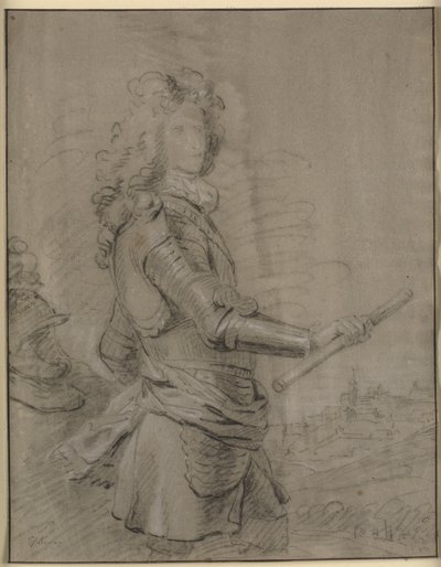 Retrato de tres cuartos de un comandante con armadura y un bastón en la mano derecha. En el fondo un paisaje con una ciudad de Godfrey Kneller