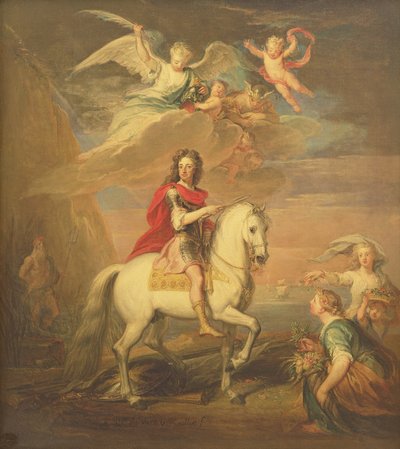Guillermo III en un caballo gris observado por Neptuno, Ceres y Flora. Mercurio en el cielo y Astrea de Godfrey Kneller