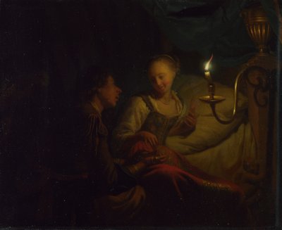 Escena a la luz de las velas. Un hombre ofreciendo una cadena de oro y monedas a una chica sentada en una cama, ca. 1665-1667 de Godfried Cornelisz Schalcken
