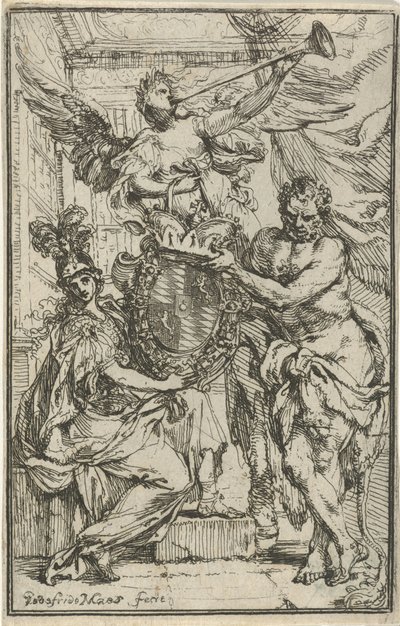 Minerva, Hércules y Fama con escudo de armas de Godfried Maes
