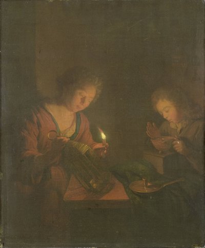 El fuego y la luz (una niña coloca una vela en un farol y un niño sopla sobre las brasas de un plato) de Godfried Schalcken (attributed to)