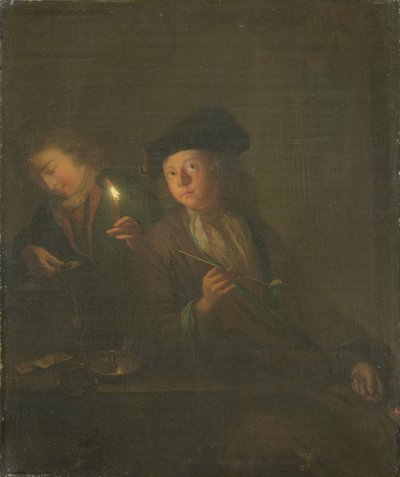El fumador (un hombre con una pipa y un hombre sirviendo una bebida en un vaso) de Godfried Schalcken (attributed to)