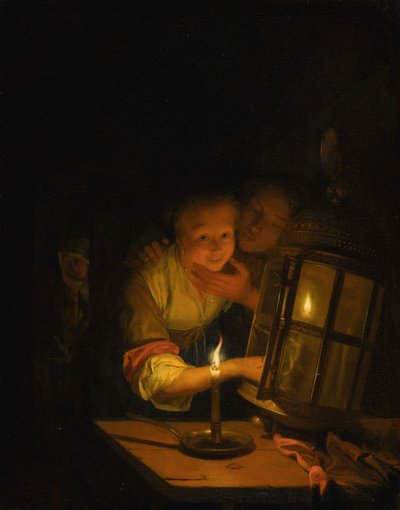 Una pareja amorosa sorprendida encendiendo un farol de Godfried Schalcken