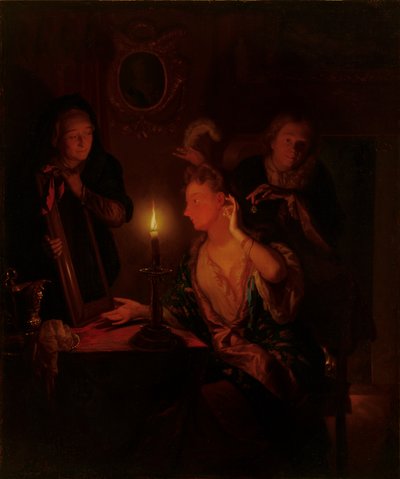 Dama frente a un espejo a la luz de las velas de Godfried Schalcken