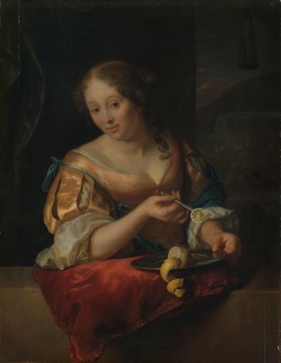 Mujer joven con limón de Godfried Schalcken