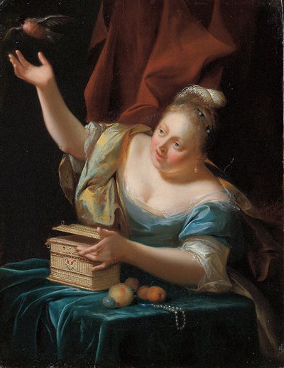 Una mujer, sentada junto a una mesa con un disfraz elegante, liberando un pájaro de su jaula de Godfried Schalcken