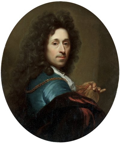 Retrato del artista con un abrigo azul y una capa de terciopelo marrón, con un medallón del Elector Palatino, Johann Wilhelm de Godfried Schalcken