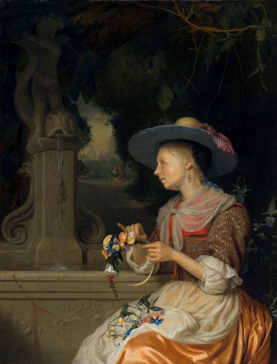 Mujer Tejiendo una Corona de Flores de Godfried Schalcken