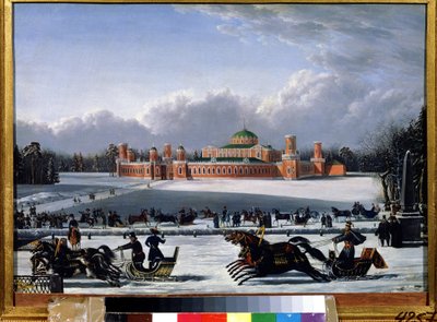 Carrera de Trineos en el Parque Petrovsky de Moscú (Rusia) (Carrera de Trineos en el Parque Petrovsky de Moscú). Pintura de A.A. Golitsyn (mediados del siglo XIX), óleo sobre lienzo de Golitsyn Golitsyn