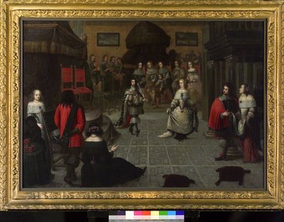Carlos II de Inglaterra (1630-1685) bailando en La Haya (Países Bajos), en mayo de 1660, probablemente con su sobrina Isabel van de Paltz (1616-1680), con motivo de la ceremonia de restitución de su título de rey de Inglaterra. de Gonzales Coques
