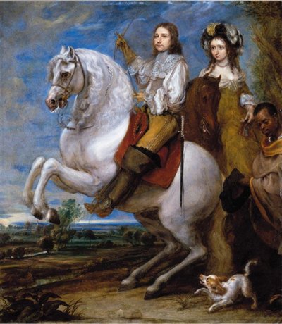 Retrato ecuestre de una elegante pareja con su criado blackmoor de Gonzales Coques