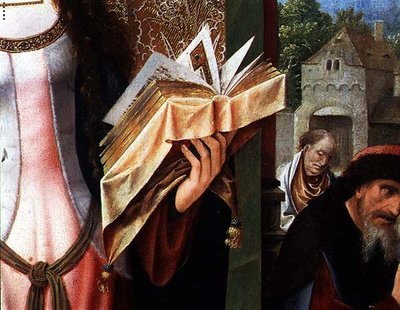 Santa Catalina y los filósofos, detalle del libro de oraciones (detalle) de Goossen van der Weyden