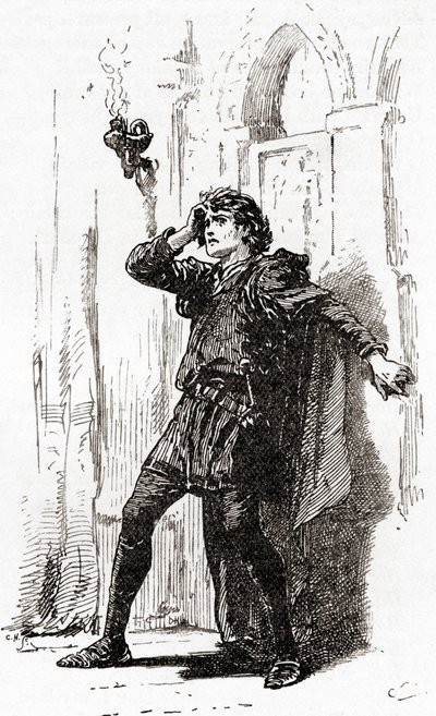 Una escena de la obra de William Shakespeare Hamlet, Acto I, Escena 5, Hamlet: ¡Recuérdame! Sí, pobre fantasma, mientras la memoria tenga un asiento en este globo distraído, de Las Obras de William Shakespeare, publicado 1896 de Gordon Frederick Browne