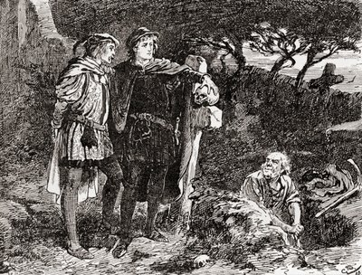 Una escena de la obra de William Shakespeare Hamlet, Acto V, Escena 1, Hamlet: Lo conozco, Horacio, un tipo de infinita broma, de la más excelente fantasía, de Las Obras de William Shakespeare, publicado 1896 de Gordon Frederick Browne
