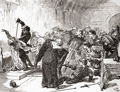 Una escena de la obra de William Shakespeare Hamlet, Acto V, Escena 2, Hamlet: ¡La punta también está envenenada! Entonces, veneno, a tu trabajo. (Apunala al rey), de Las Obras de William Shakespeare, publicado 1896 de Gordon Frederick Browne