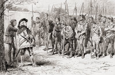 Una escena de la obra de William Shakespeare Rey Enrique IV, Parte 1, Acto IV, Escena 2, El regimiento andrajoso de Falstaff, de Las Obras de William Shakespeare, publicado 1896 de Gordon Frederick Browne