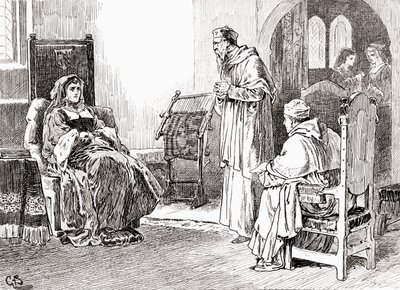Una escena de la obra de William Shakespeare Rey Enrique VIII, Acto III, Escena 1, Reina Catalina: Hagan lo que quieran, mis señores, y por favor perdónenme, si me he comportado de manera descortés, de Las Obras de William Shakespeare de Gordon Frederick Browne