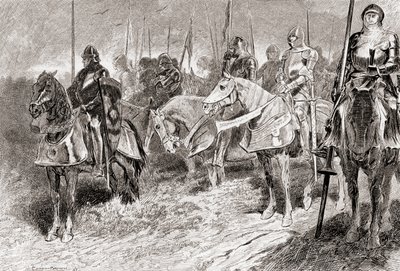 Una escena de la obra de William Shakespeare Rey Enrique V, Acto IV, Escena 2, Lord Grandpré: Los jinetes se sientan como candelabros fijos con antorchas en sus manos, de Las Obras de William Shakespeare de Gordon Frederick Browne