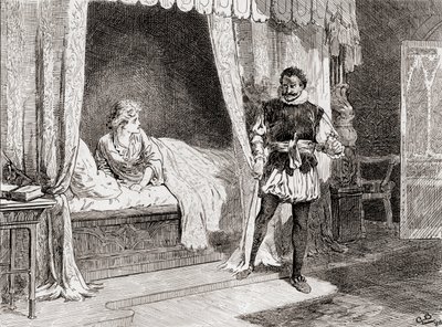 Una escena de la obra de William Shakespeare Otelo, Acto V, Escena 2, Desdémona: ¿Hablas de matar? Otelo: Sí, lo hago, de Las obras de William Shakespeare, publicada en 1896 de Gordon Frederick Browne