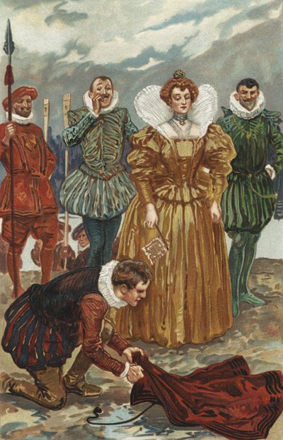 Sir Walter Raleigh ofreciendo su capa a la reina Isabel I de Gordon Frederick Browne
