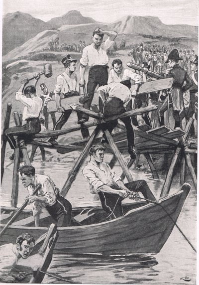 La construcción del puente sobre el Guadiana, 3 de abril de 1811, ilustración de 