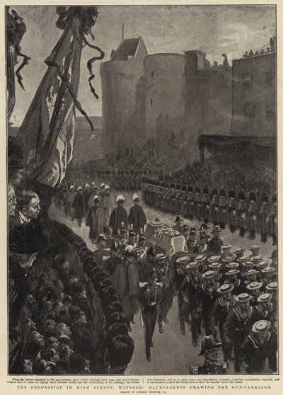 La procesión en High Street, Windsor, marineros tirando del carro de armas de Gordon Frederick Browne