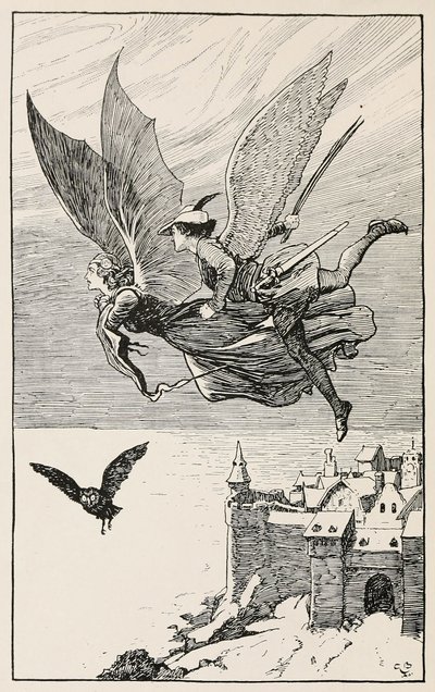 El compañero de viaje voló detrás de ella, de Cuentos de hadas de Hans Anderson, pub 1919 (grabado) de Gordon Frederick Browne