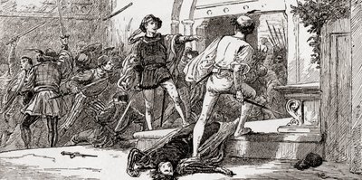 Tybalt asesinado por Romeo, escena de Romeo y Julieta de William Shakespeare, Acto III, Escena 1, de Las Obras de William Shakespeare, publicado 1896 de Gordon Frederick Browne