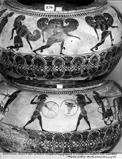 Dinos que representa (arriba) Medusa decapitada (abajo) y Hoplitas Luchando, c.580 a.C. de Gorgon Painter