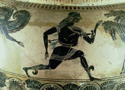 Perseo huyendo de las Gorgonas, detalle de un dinos de figuras negras áticas, griego, c.590 a.C. de Gorgon Painter