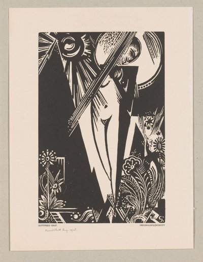 Mujer de pie, sol, luna y flores de Gottfried Graf