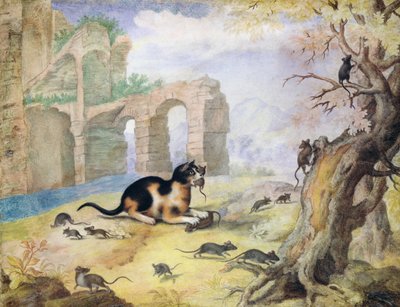 Gato matando ratones en un paisaje de Gottfried Mind or Mindt