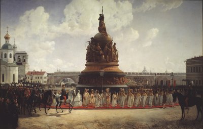 La consagración del monumento al Milenio de Rusia en Novgorod en 1862, 1864 de Gottfried Willewalde