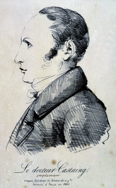 Retrato del Dr. Castaing, envenenador. Usó sal de morfina, hidrocloruro para matar a su amigo Hippolyte Ballet en 1823. Fue ejecutado en París en 1824. Litografía de Engelmann a partir de un boceto realizado en la sesión del 11 de noviembre de Gottfried or Godefroy Engelmann