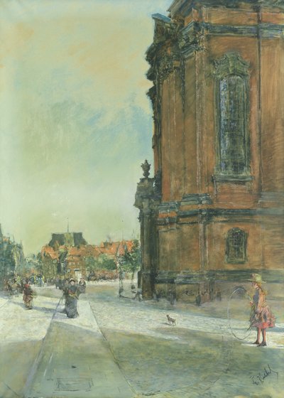 Escena callejera cerca de la Iglesia de San Miguel en Hamburgo de Gotthardt Johann Kuehl
