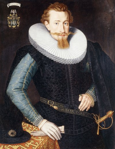 Retrato de un caballero, de veinticinco años, tres cuartos de longitud, con un jubón negro con mangas turquesa y doradas y un cuello blanco, junto a una mesa con cortina de Gotthardt von Wedig