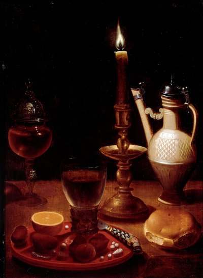 Naturaleza muerta con vela, copa de vino y naranja de Gotthardt von Wedig