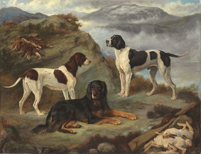 Sherry, Ranger y Glen, tres perros de caza en un paisaje (óleo sobre lienzo) de Gourlay Steell
