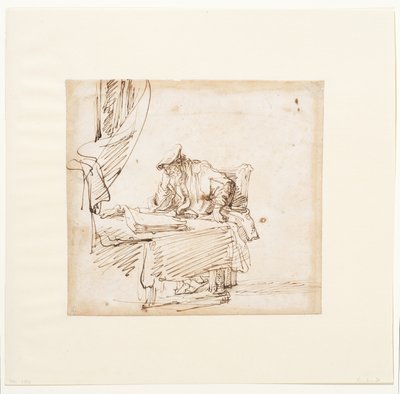 Becario sentado ante una mesa sobre la que descansa un gran libro. de Govaert (attr. to) Flinck