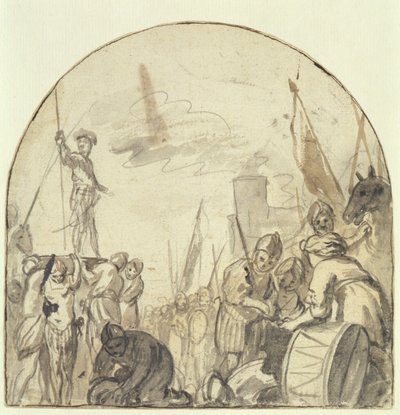 Brinio siendo levantado en su escudo por sus guerreros de Govaert Flinck