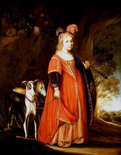 Retrato de una joven como Diana, en un claro con dos galgos de Govaert Flinck