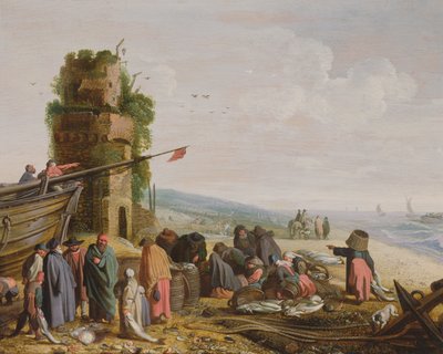 Pescadores en la playa con su captura de Govaert Jansz