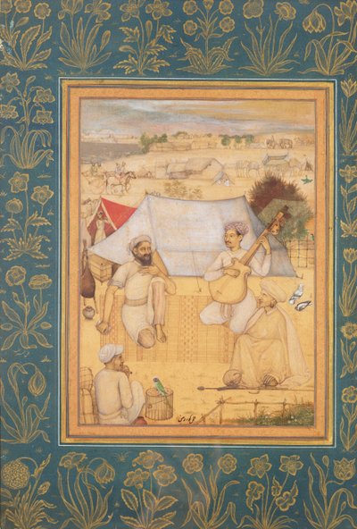 Músicos y cantantes arrodillados en las afueras de un campamento mogol. Un yogui y un sirviente los escuchan, del Álbum Minto, c.1630 de Govardhan