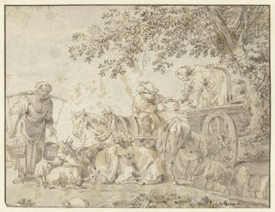 Granjeros y ganado en una carreta agrícola de Govert Dircksz. Camphuysen (possibly)