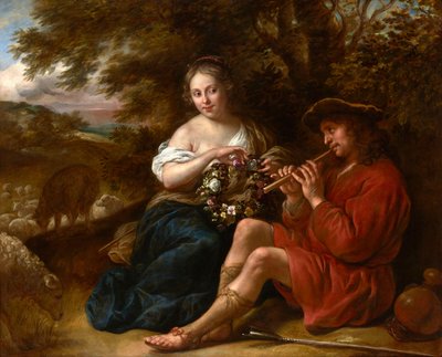 Holandés: Pastora escuchando a un pastor tocando la flauta en un paisaje arcádico Elegante Pastora escuchando a un pastor tocando la flauta en un paisaje arcádico de Govert Flinck