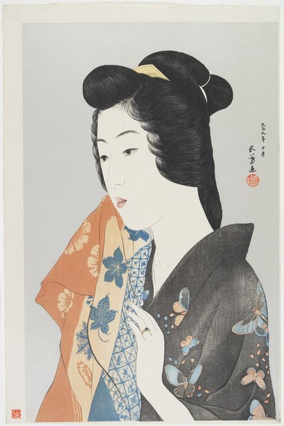 Mujer sosteniendo una toalla, octubre 1920 de Goyo Hashiguchi