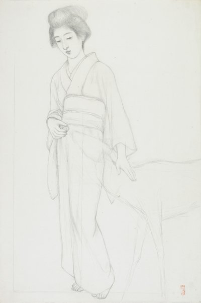 Dibujo de mujer acariciando un ciervo de Goyo Hashiguchi