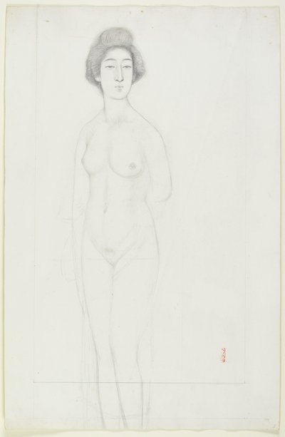 Dibujo de un desnudo posado frontalmente, principios del siglo XX de Goyo Hashiguchi