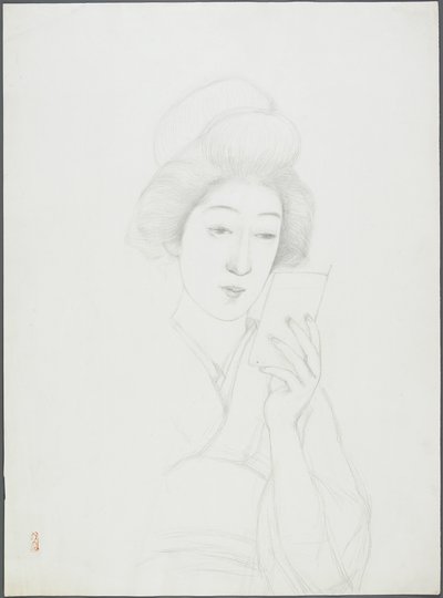 Dibujo de una Mujer Sosteniendo un Espejo de Goyo Hashiguchi